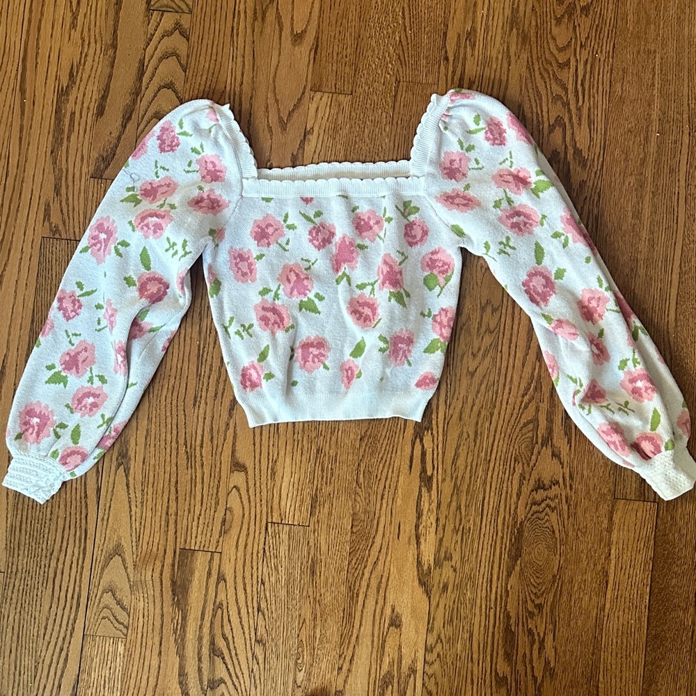 Floral Puff Sleeve Cropped Sweater
